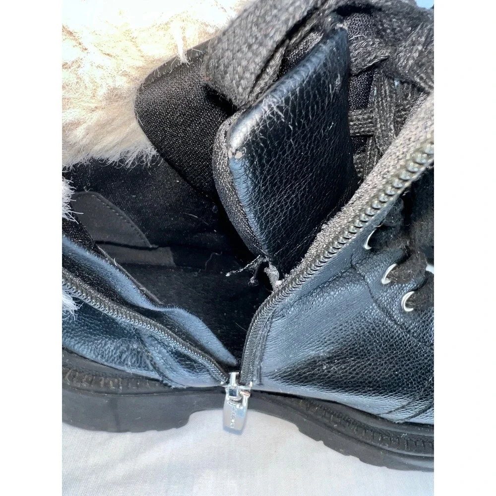 Vince Camuto Kids Black Leather Faux Fur Trim Lace Up Combat‎ Boots Side Zip